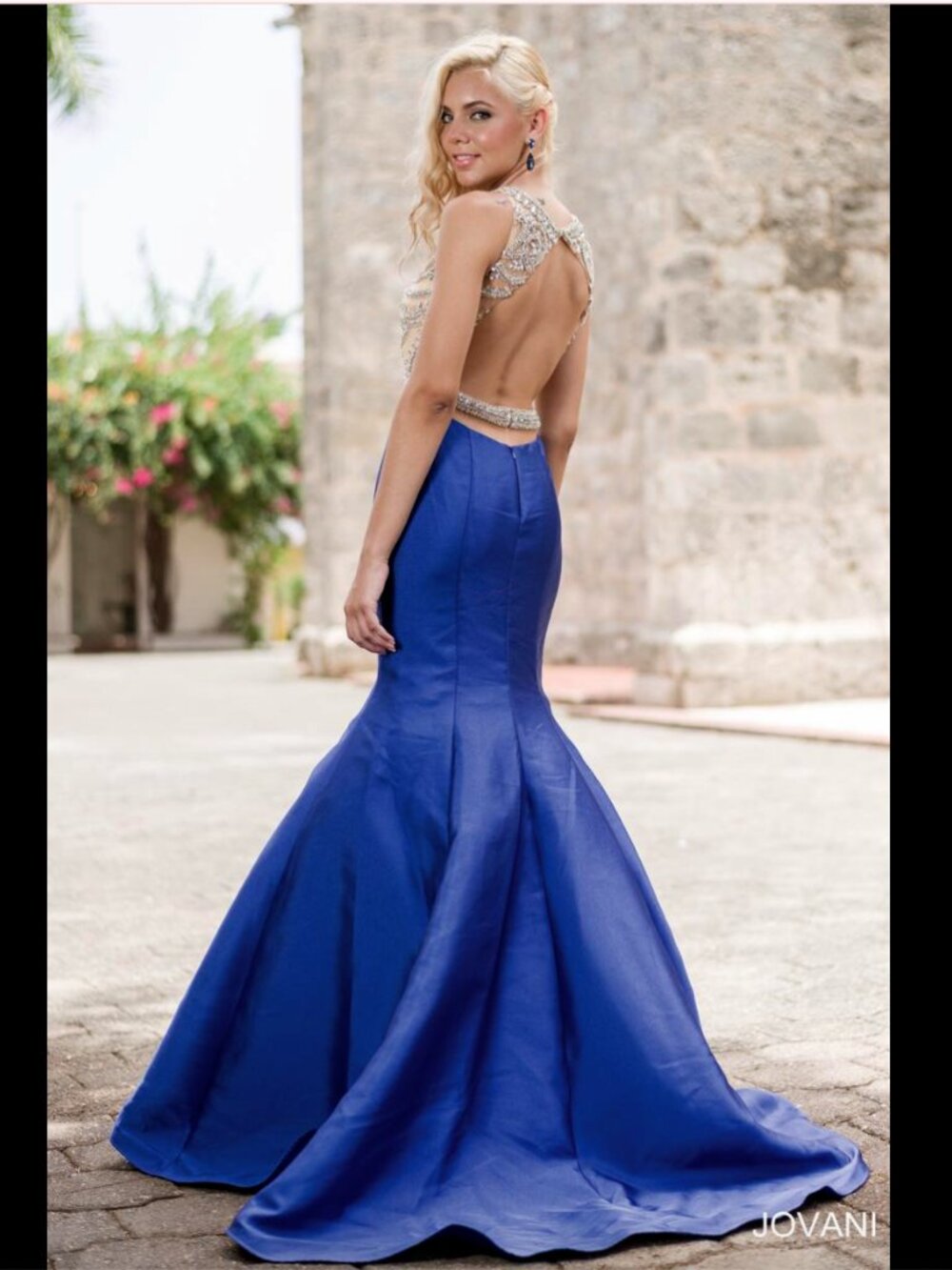 Jovani Beaded Illusion Bodice Gown in Blue and Nude